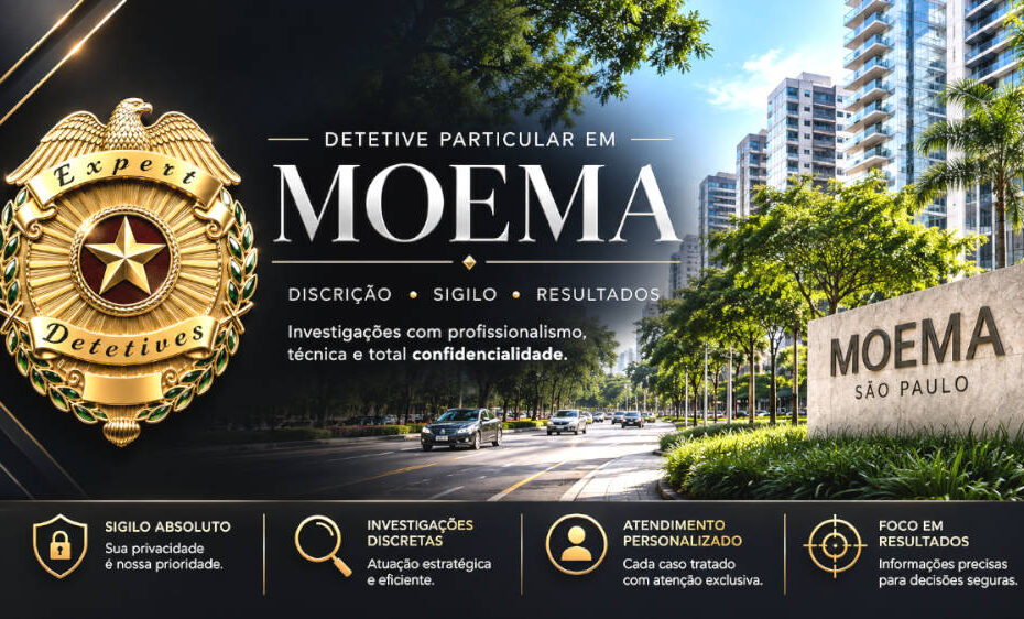 Imagem de destaque da Expert Detetives Moema, empresa de detetive particular em São Paulo, com identidade visual em preto e dourado e referência ao bairro de Moema.